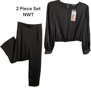 Pretty Garden 2pc Set Size M Crop Satin Soft Top Black Wide Leg Pants High Waist